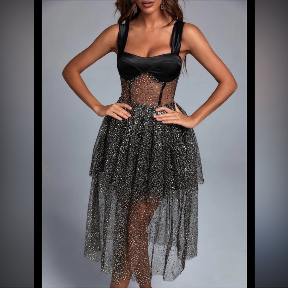 Bella Barnett Tamo Mesh Black Sequin Sheer High-Low Party Dress Sz Medium